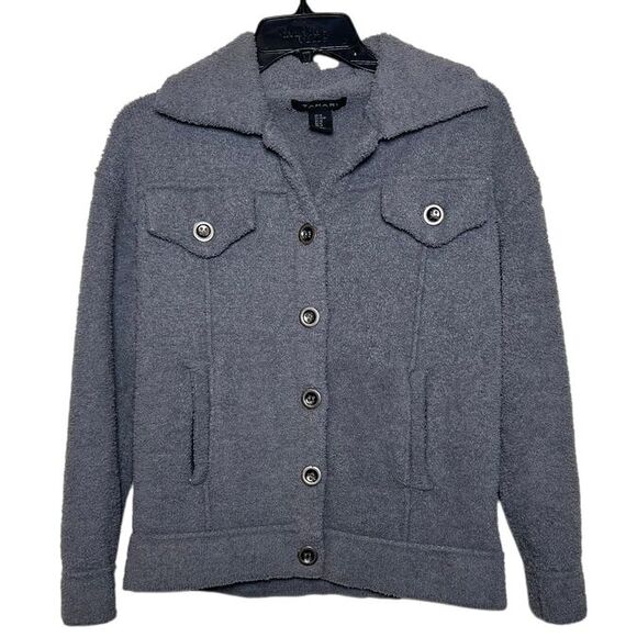 Tahari Gray Fuzzy Teddy Button Up‎ Sweater Jacket Women's Size XS - Picture 1 of 5